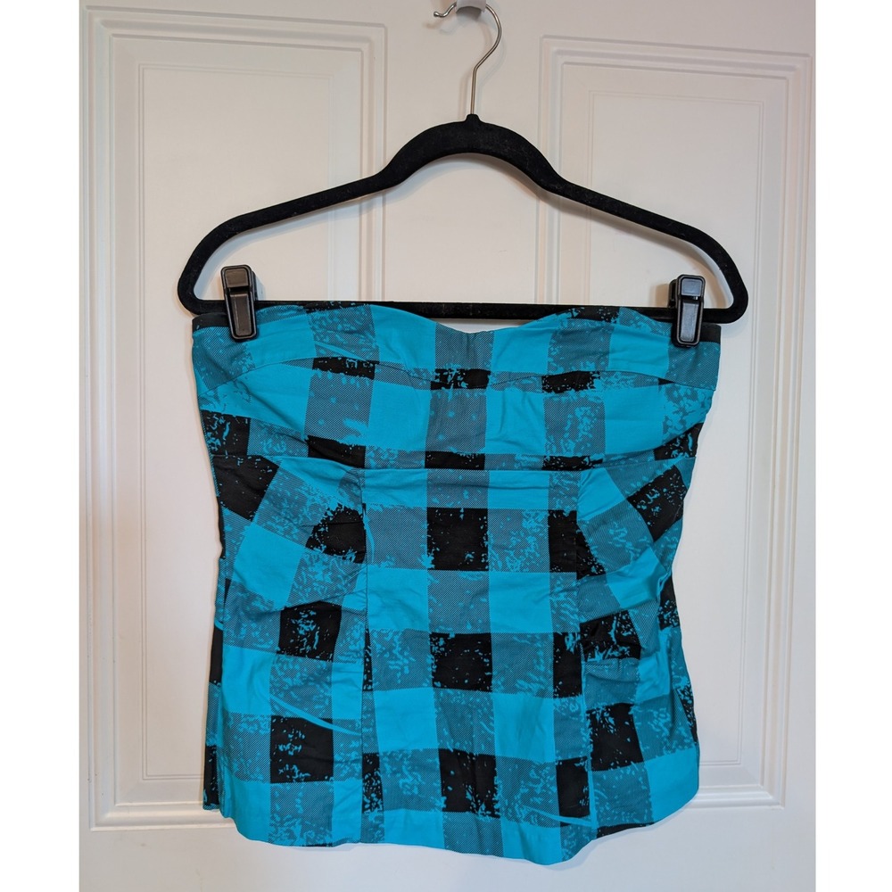 Body‎ Central Y2K Vintage Blue Black Plaid Strapless Tube Top Size Large